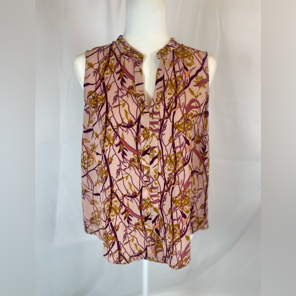 REWIND Floral Leaf Pink Mauve Tank Top Blouse Woman’s L V‎ Neck Business Casual